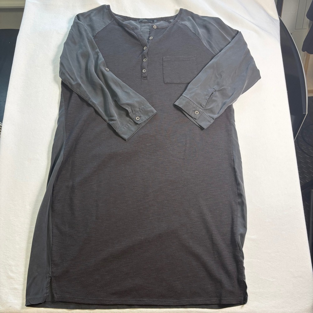Prana, Henley Tunic Dress, L, Gray, Mixed Media Roll Tab Sleeve, MSRP $89
